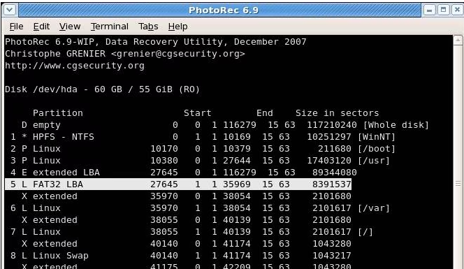 Screenshot PhotoRec